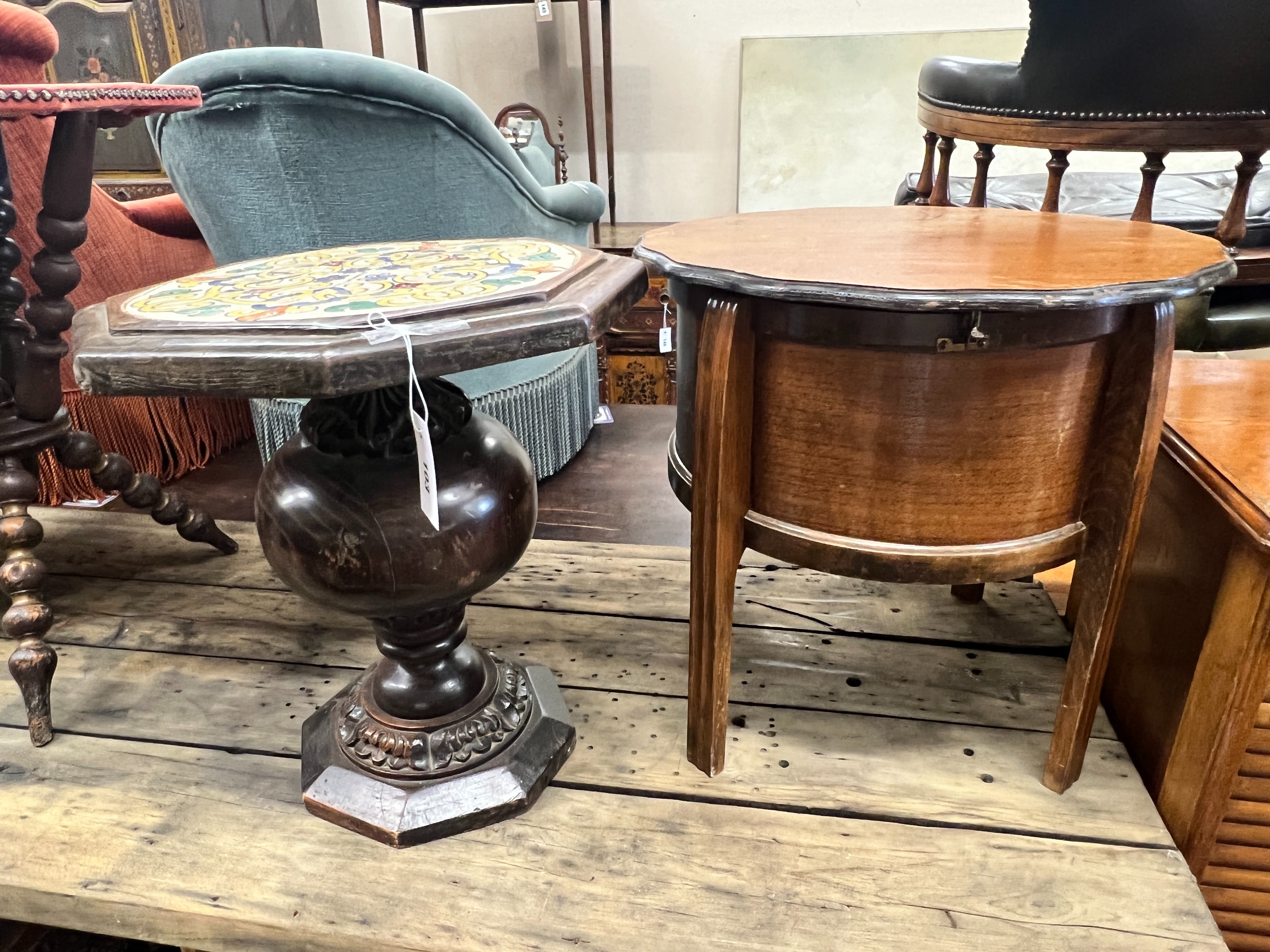 An octagonal oak tile top occasional table, width 42cm, height 46cm and a circular oak work table